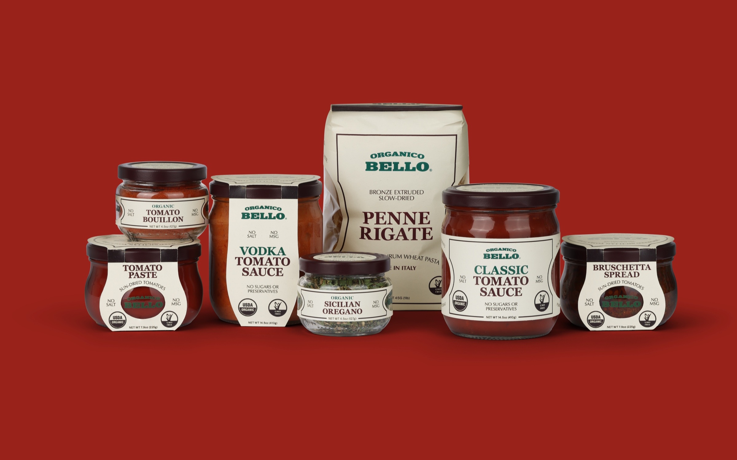 Organico Bello &mdash; packaging lineup on red background